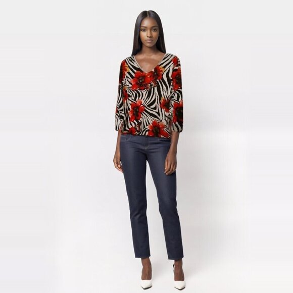 Jess & Jane Red Floral Zebra artsy embellished Print Top Boho Festival- Large - Picture 2 of 9